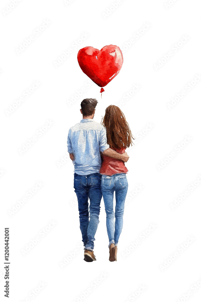 A couple stands together, embracing, as a red heart balloon floats above them, symbolizing love and affection. isolated on white background. Transparent background A couple stands together, embracing, as a red heart balloon floats above them, symbolizing love and affection. isolated on white background. Transparent background