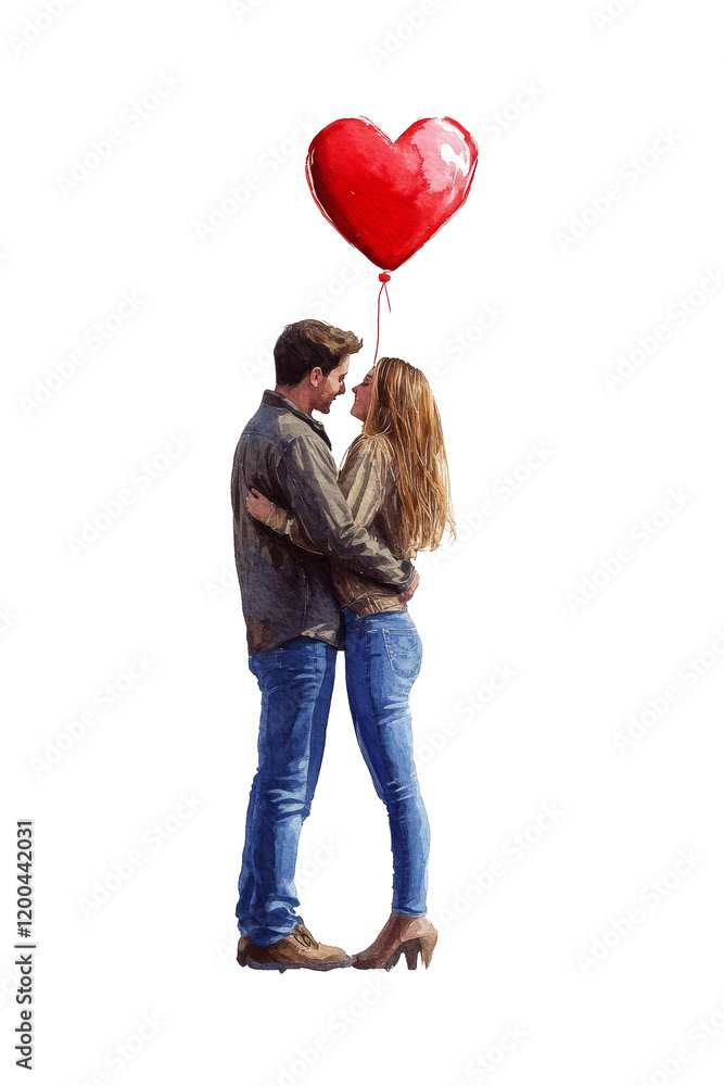 A couple embraces, sharing a romantic moment, with a heart-shaped balloon hovering above them. isolated on white background. Transparent background A couple embraces, sharing a romantic moment, with a heart-shaped balloon hovering above them. isolated on white background. Transparent background