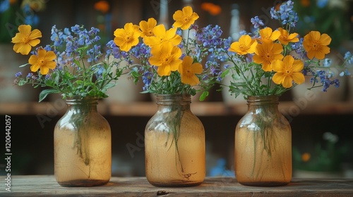 Wallpaper Mural Rustic Jars Filled with Yellow and Blue Wildflowers Torontodigital.ca