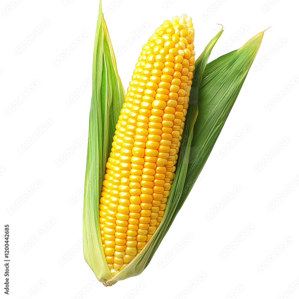 fresh ear of corn with bright yellow kernels. partially covered by green husks. set against a plain white background this visually appealing representation highlights the natural beauty of corn. commo fresh ear of corn with bright yellow kernels. partially covered by green husks. set against a plain white background this visually appealing representation highlights the natural beauty of corn. commo