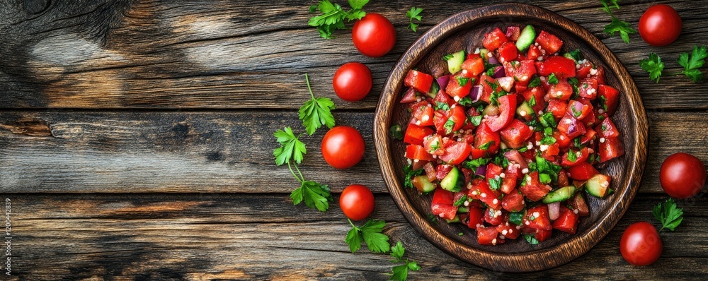 Fresh tomato salad in bowl, rustic wood. Food photography Fresh tomato salad in bowl, rustic wood. Food photography
