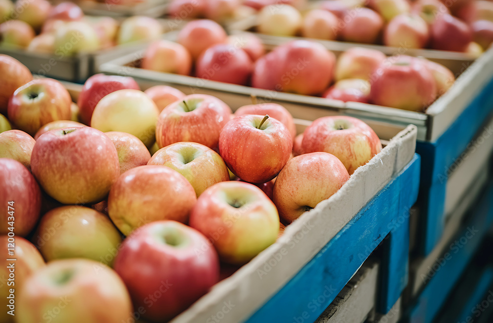 A conveyor belt with apples on it, inside an apple factory. Apples in a market. A conveyor belt with apples on it, inside an apple factory. Apples in a market.