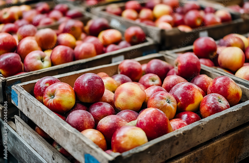 A conveyor belt with apples on it, inside an apple factory. Apples in a market. A conveyor belt with apples on it, inside an apple factory. Apples in a market.