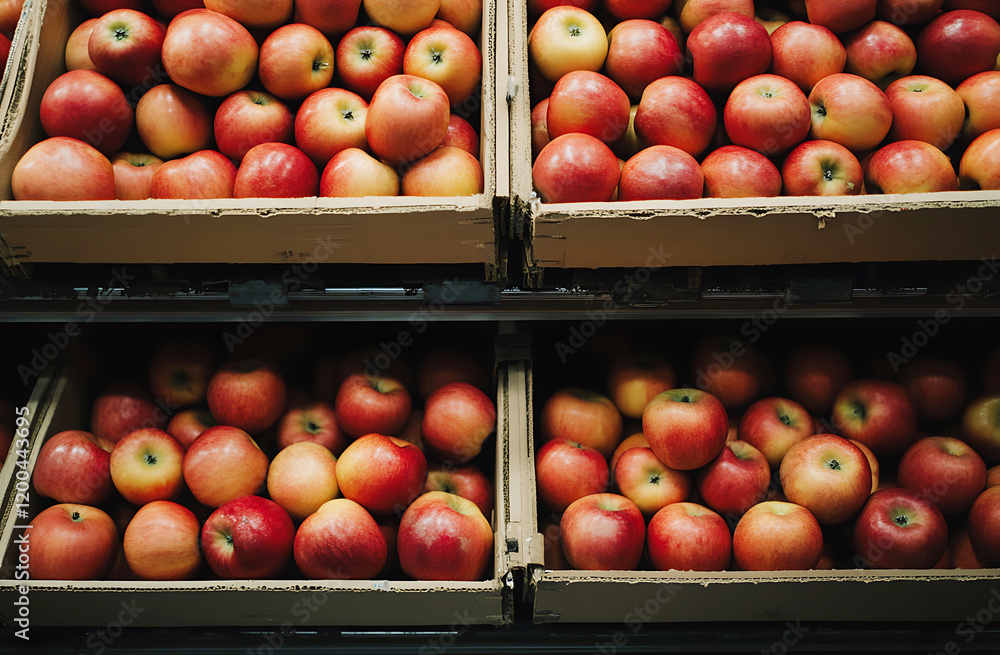 A conveyor belt with apples on it, inside an apple factory. Apples in a market. A conveyor belt with apples on it, inside an apple factory. Apples in a market.