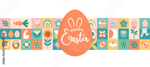 Geometric Happy Easter banner. Colorful simple illustrations and easter egg.
