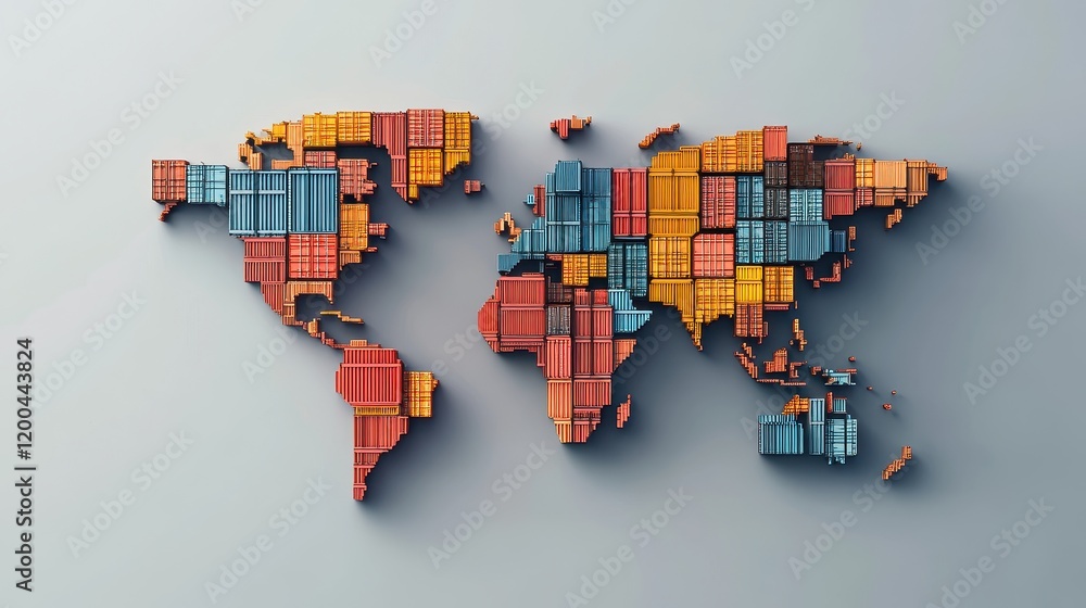 Obraz premium Abstract illustration of a world map made from shipping containers, symbolizing interconnected global logistics