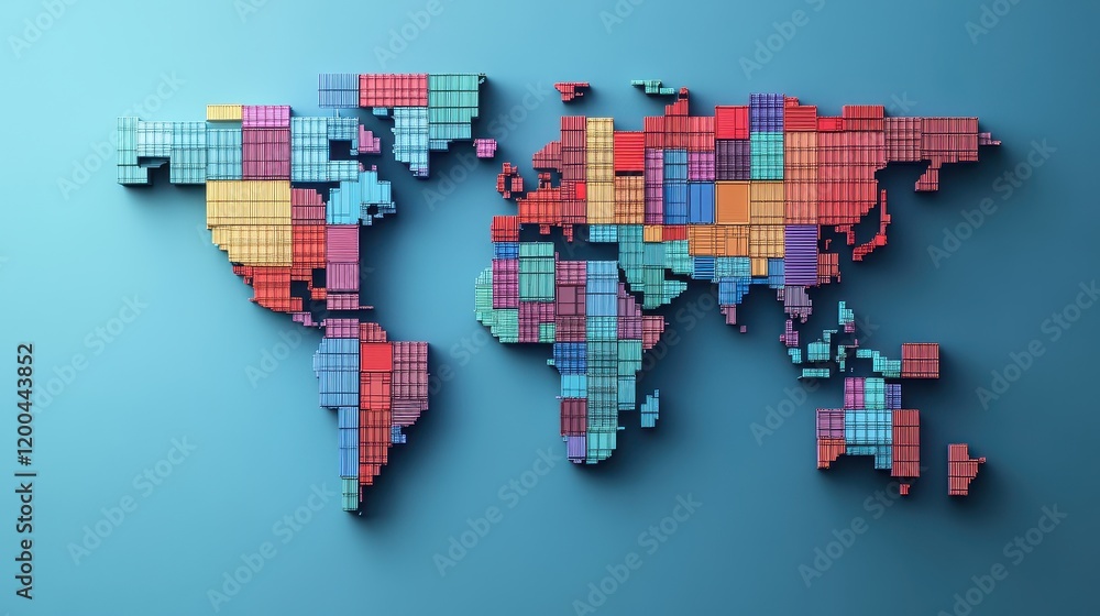 Obraz premium Abstract illustration of a world map made from shipping containers, symbolizing interconnected global logistics