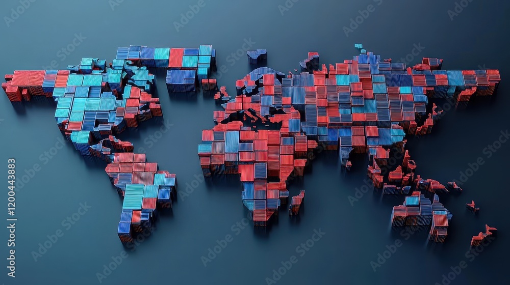 Obraz premium Abstract illustration of a world map made from shipping containers, symbolizing interconnected global logistics
