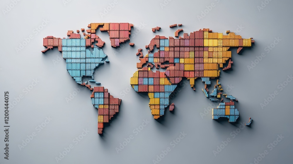 Obraz premium Abstract illustration of a world map made from shipping containers, symbolizing interconnected global logistics