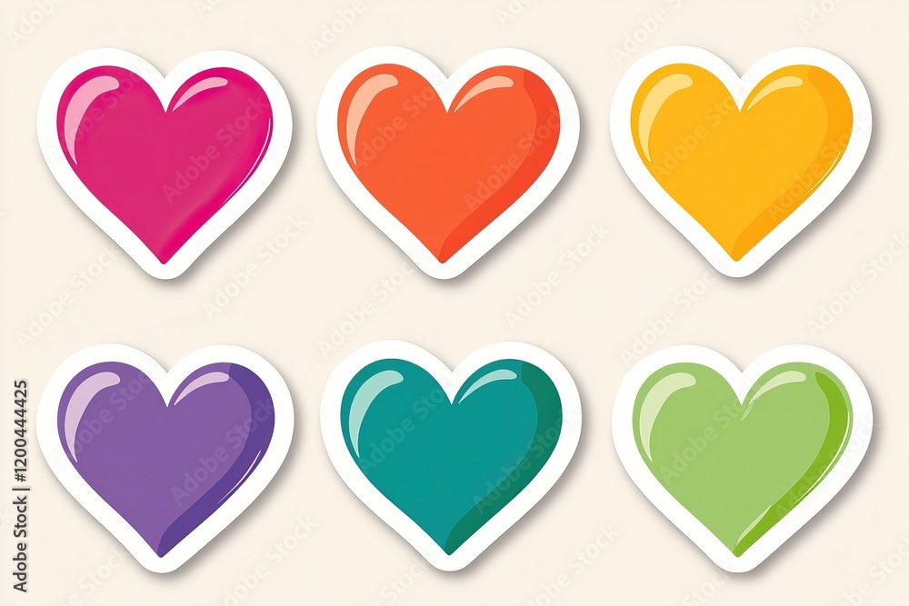 A collection of six colorful heart stickers with a clean white outline, perfect for expressing love on Valentine's Day or any loving occasion A collection of six colorful heart stickers with a clean white outline, perfect for expressing love on Valentine's Day or any loving occasion