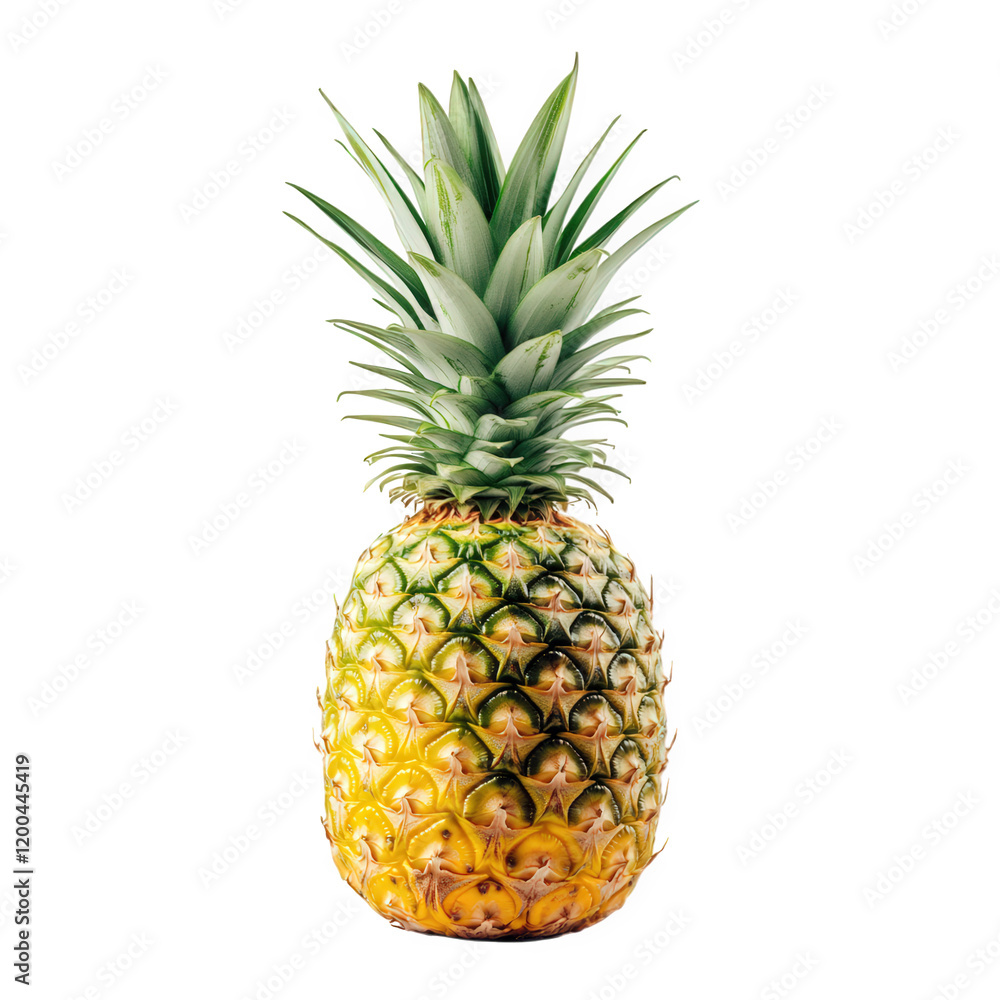 fresh pineapple with a vibrant yellow-orange exterior and a lush green crown of leaves. set against a white background. highlighting its tropical appeal and inviting appearance fresh pineapple with a vibrant yellow-orange exterior and a lush green crown of leaves. set against a white background. highlighting its tropical appeal and inviting appearance