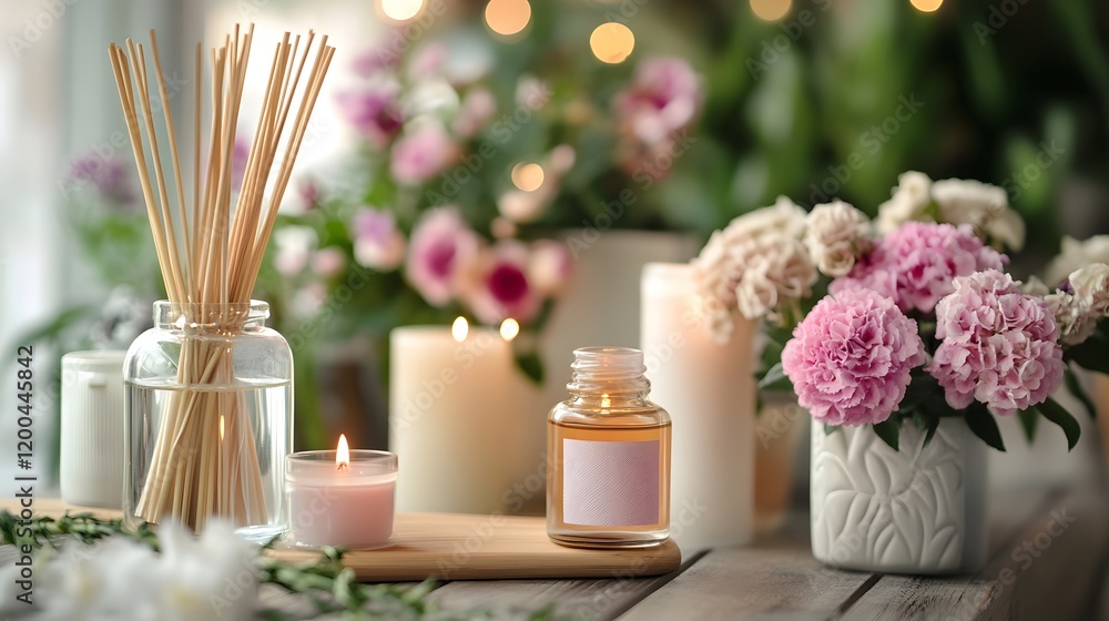 Scented candles and flowers on wooden table, relaxing spa atmosphere, home decor Scented candles and flowers on wooden table, relaxing spa atmosphere, home decor