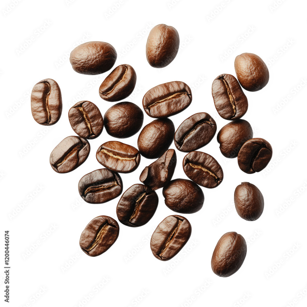 Naklejka premium collection of coffee beans scattered on a white background. showcasing their rich brown color and unique textures this visual emphasizes the natural beauty of coffee. often associated with brewing and