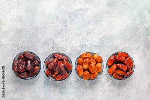 Dates or dattes palm fruit in wooden plate is snack healthy, Set of various dates bowl, Different kind of raw date fruit ready to eat, concrete background, Traditional, delicious and healthy ramadan photo