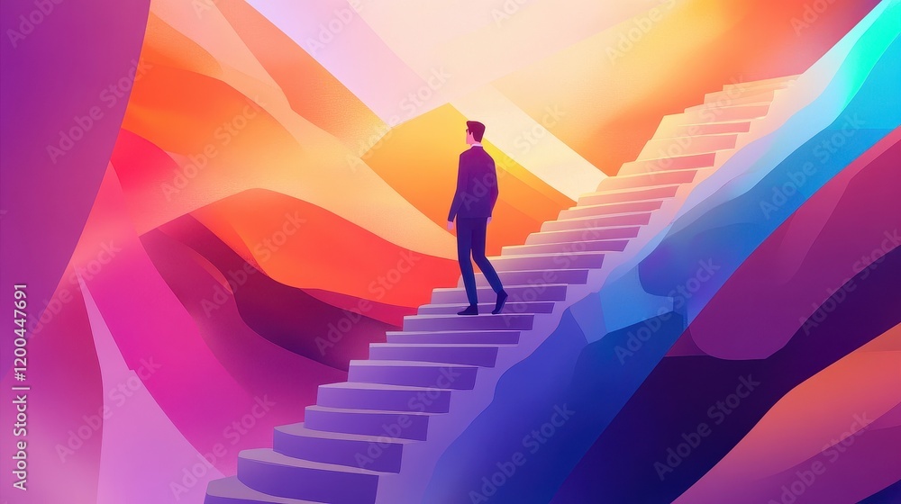 Business leader ascending staircase, success metaphor, flat vector illustration Business leader ascending staircase, success metaphor, flat vector illustration