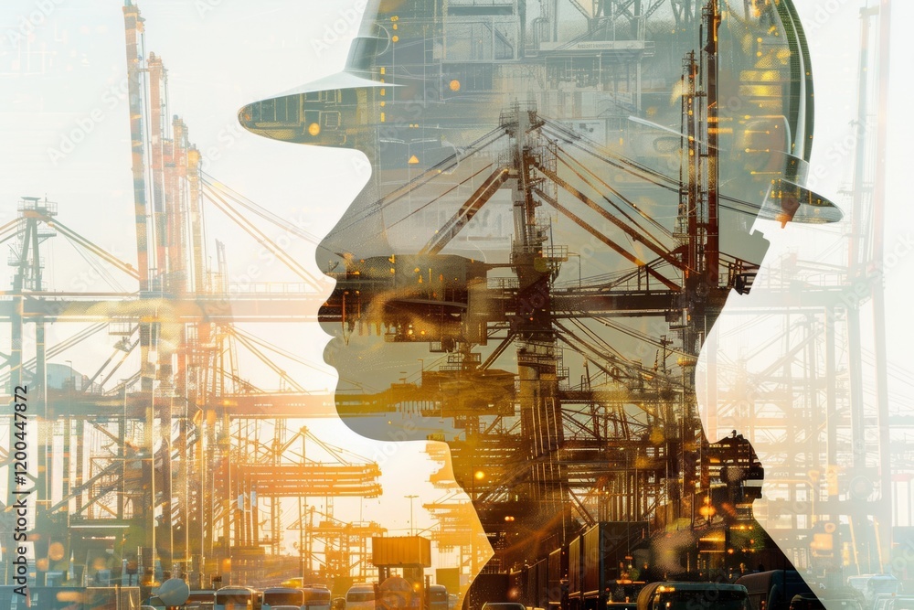 A man's silhouette is shown in front of a large industrial area A man's silhouette is shown in front of a large industrial area