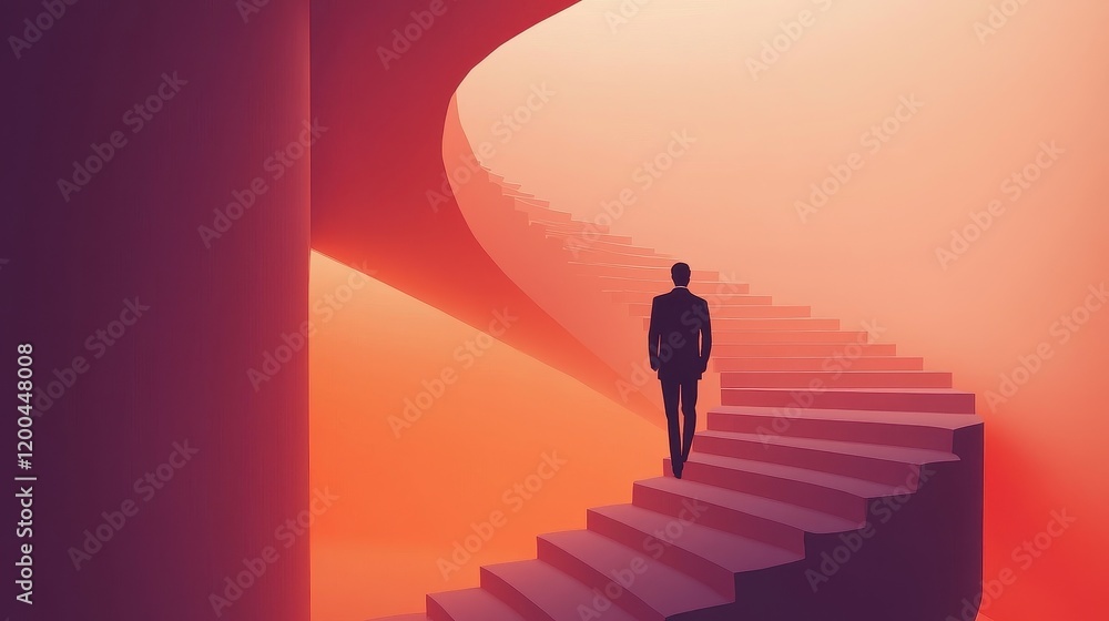 Business leader ascending staircase, success metaphor, flat vector illustration Business leader ascending staircase, success metaphor, flat vector illustration
