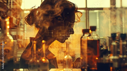 A woman is in a lab with a lot of bottles and a lot of smoke
