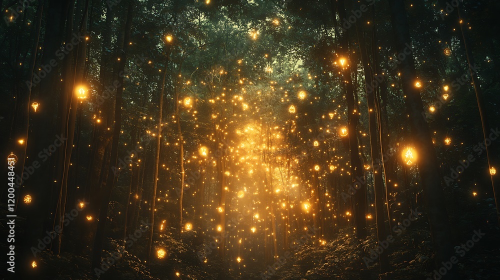 Naklejka premium Magical enchanted forest path with glowing lights and particles.