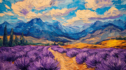 Crédence de cuisine Prune vibrant oil paint landscape Impressionist Artwork brushstroke wallpaper background mountain valley blooming lavender field rolling hill nature beauty majestic sky countryside art Post-Impressionist  © NNS Studio