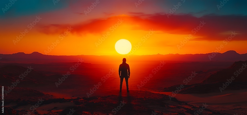Fototapeta premium Person watching sunset over mountains. Travel, hope, freedom concept