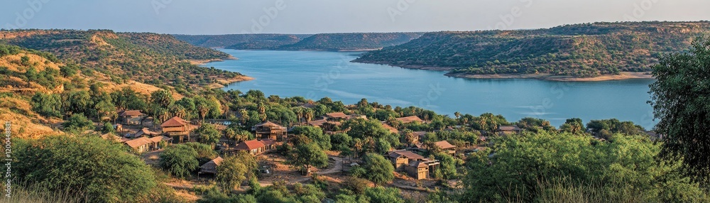 Hilltop village overlooks serene river valley. Vacation travel Hilltop village overlooks serene river valley. Vacation travel