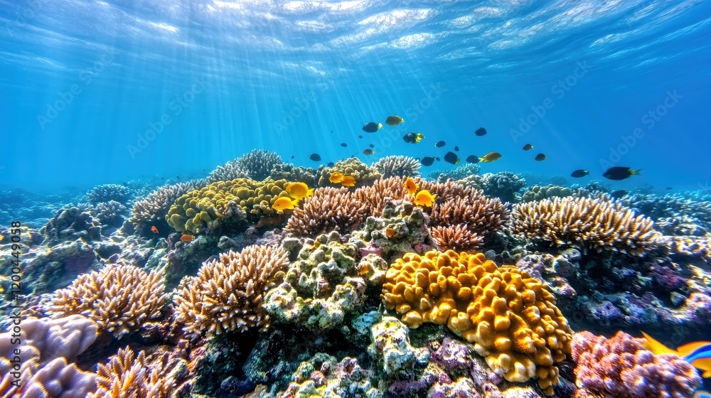 Fototapeta premium Vibrant Underwater Coral Reef Scene with Colorful Fish Swimming in Sunlight