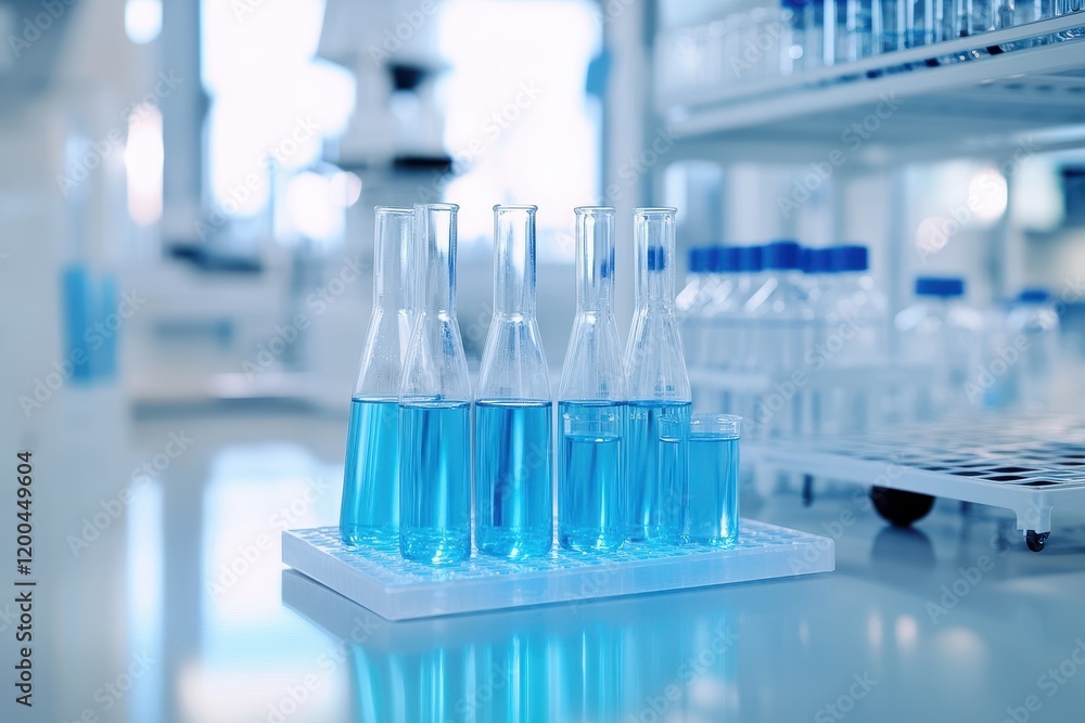 Laboratory Setup with Multiple Glass Beakers and Flasks Filled with Blue Liquid, Showcasing Scientific Experimentation in Modern Research Environment Laboratory Setup with Multiple Glass Beakers and Flasks Filled with Blue Liquid, Showcasing Scientific Experimentation in Modern Research Environment
