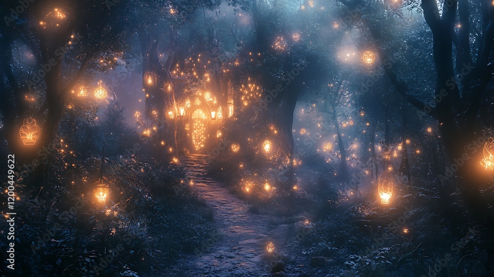 Enchanting tree house nestled in a mystical forest, illuminated by glowing lanterns and magical lights. Enchanting tree house nestled in a mystical forest, illuminated by glowing lanterns and magical lights.