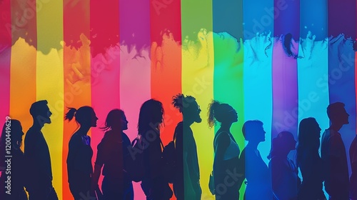A group of people are standing in a rainbow line