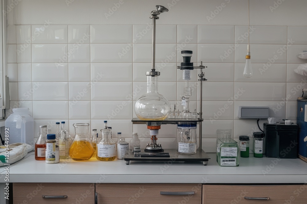 Laboratory Setup with Various Glassware, Chemical Solutions, and Equipment for Scientific Research and Experimentation in a Modern Testing Environment Laboratory Setup with Various Glassware, Chemical Solutions, and Equipment for Scientific Research and Experimentation in a Modern Testing Environment