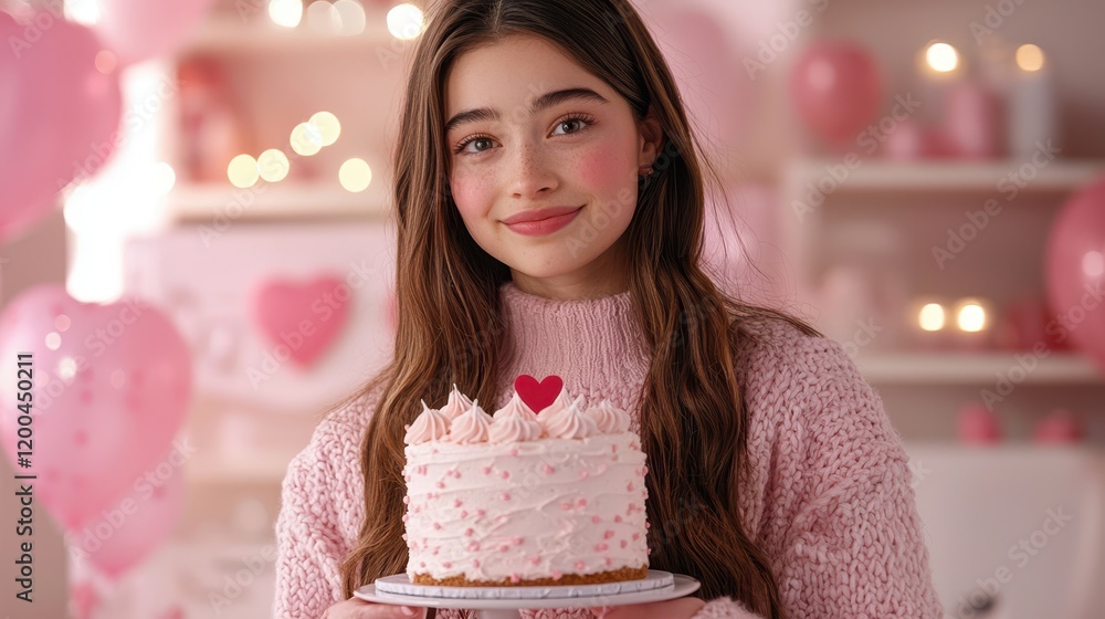 A charming a girl joyfully presents a delightful cake adorned with a vibrant heart, celebrating love and sweetness on Valentine's Day.