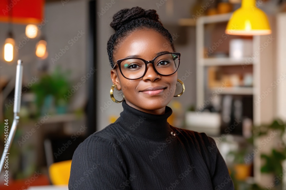 Fototapeta premium Confident Black Woman in Stylish Glasses Smiling in Modern Office