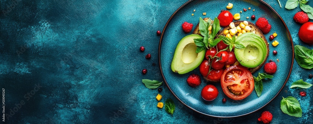 Avocado toast with tomatoes, raspberries, & corn. Healthy breakfast recipe. Food blog image Avocado toast with tomatoes, raspberries, & corn. Healthy breakfast recipe. Food blog image