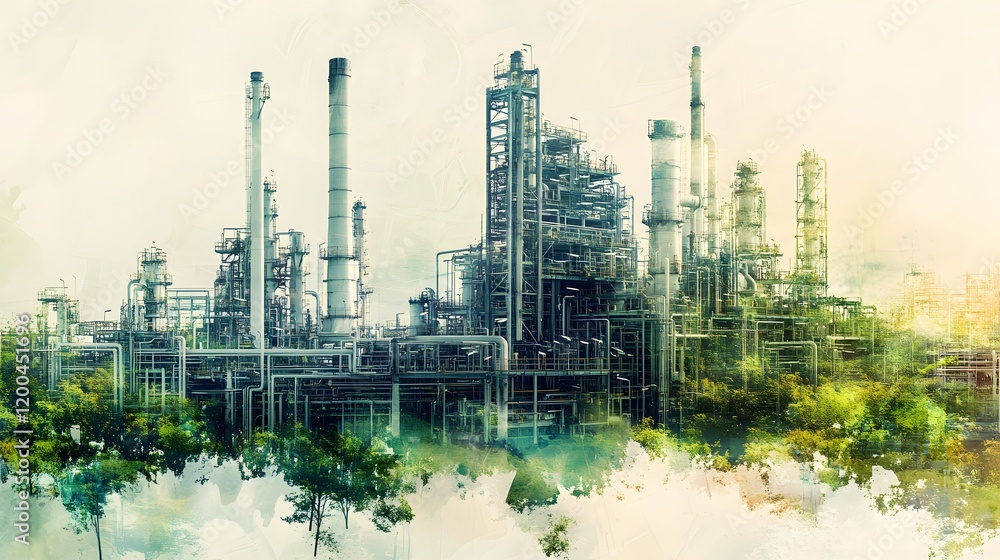Fototapeta premium Industrial Refinery Complex Overgrown By Lush Green Trees