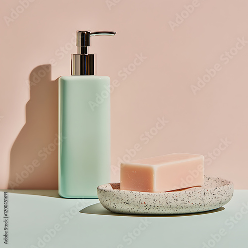 minimalist product shot featuring pastel green pump bottle and pink soap bar on speckled dish, set against soft pink background. composition evokes sense of calm and cleanliness