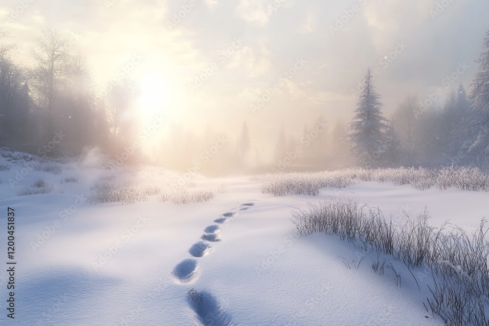 Tranquil winter landscape at dawn with footprints leading through fresh snow. Generative AI Tranquil winter landscape at dawn with footprints leading through fresh snow. Generative AI