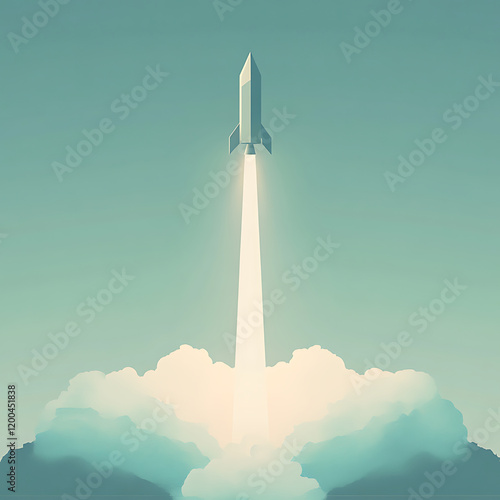 minimalist illustration of rocket launching into sky, surrounded by clouds. design features soft colors and serene atmosphere, evoking sense of adventure and exploration