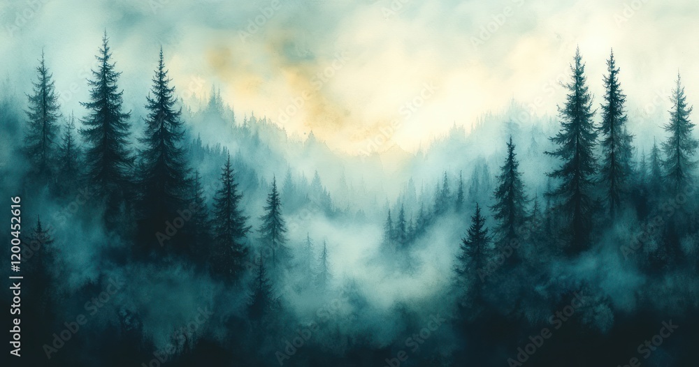 Winter Forest Landscape with Snowy Pine Trees in Fog Winter Forest Landscape with Snowy Pine Trees in Fog