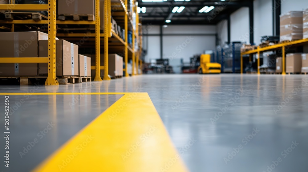 Modern Warehouse Interior Yellow Line Floor Cardboard Boxes Storage Shelves Modern Warehouse Interior Yellow Line Floor Cardboard Boxes Storage Shelves
