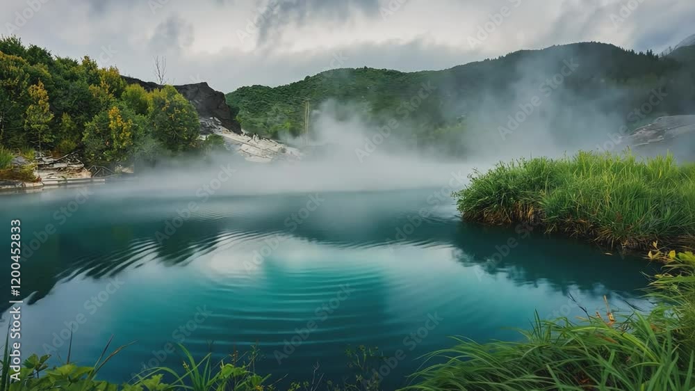 Misty Geothermal Lake: Serene teal waters of a geothermal lake are shrouded in a mystical mist, creating a breathtaking landscape. Lush greenery and rolling hills frame the scene.