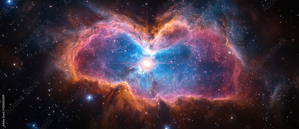 Obraz premium Vibrant Cosmic Nebula with Swirling Pink and Blue Gases Illuminated by Stars