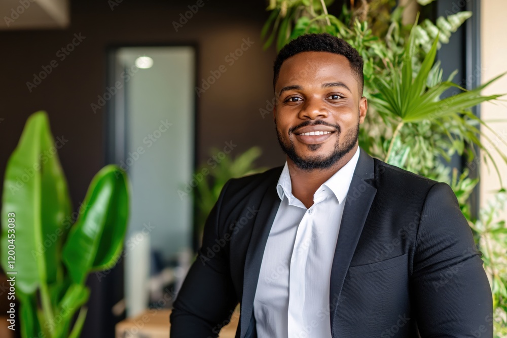 Confident African American Businessman Smiling in Modern Office Setting with Plants Confident African American Businessman Smiling in Modern Office Setting with Plants