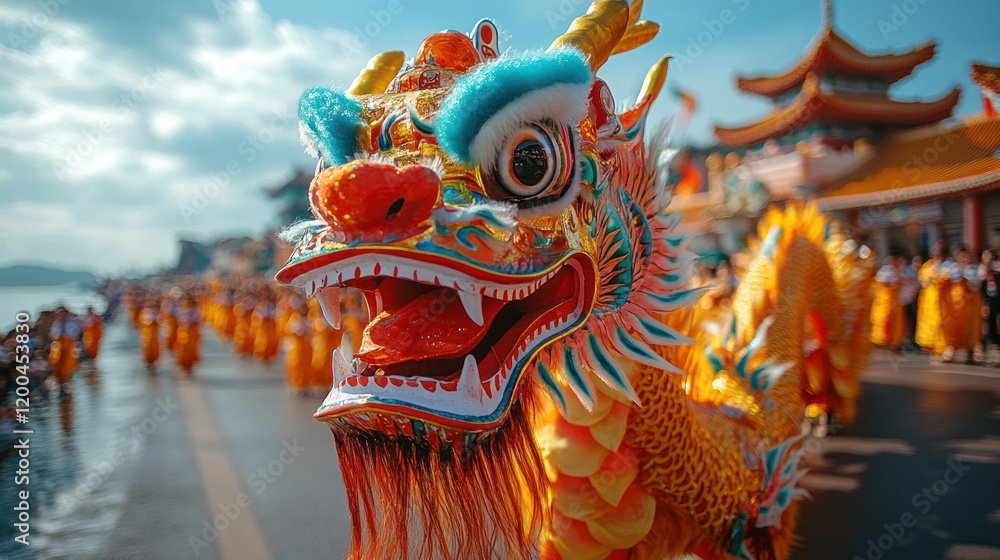Fototapeta premium Dragon Dance Parade, Waterfront Temple, Festive Celebration