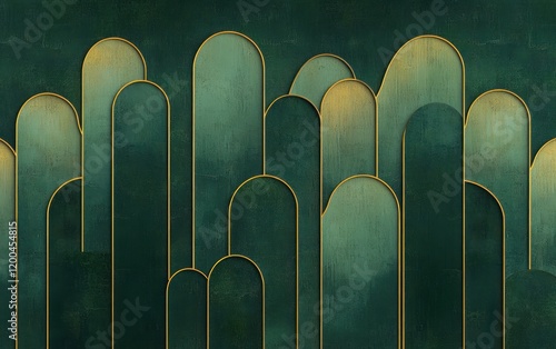 Geometric Art Deco Wallpaper with Overlapping Arches and Golden Lines on Green Background photo