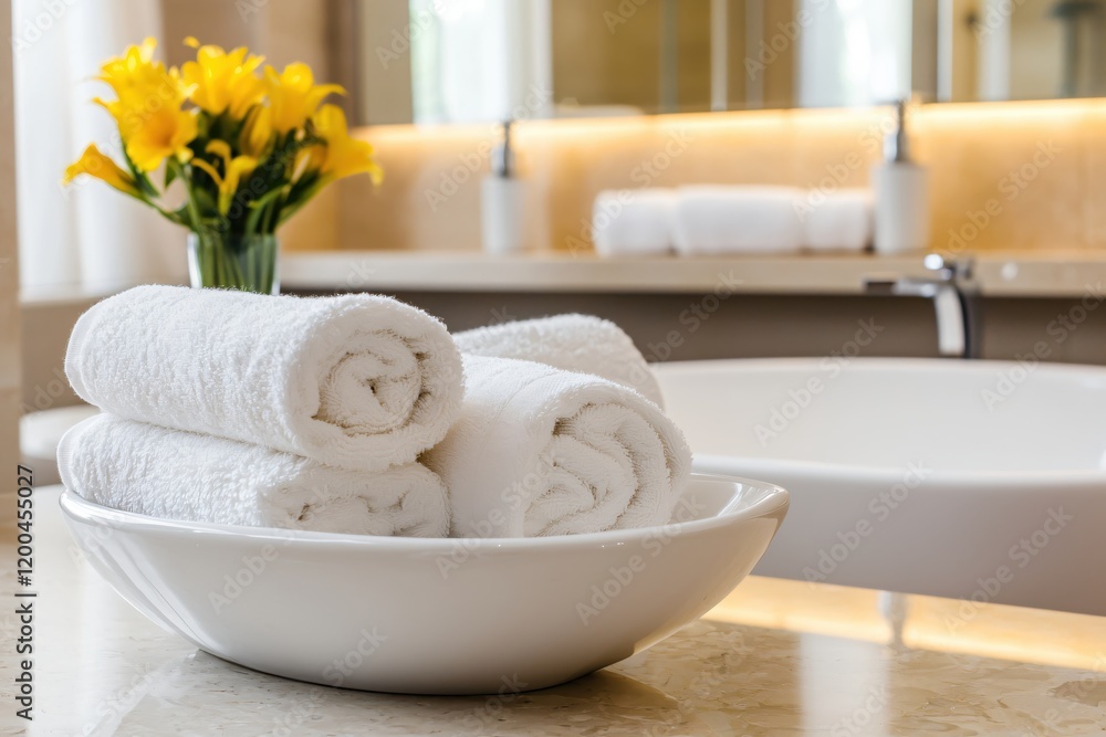 Luxurious Bathroom Setting with Rolled Towels and Yellow Flowers Luxurious Bathroom Setting with Rolled Towels and Yellow Flowers