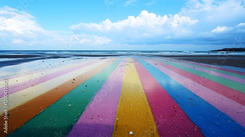 Colorful striped beach, ocean view, summer day, relaxing scene, travel poster photo