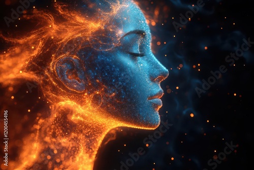 digital visualization of neural pathways forming human profile with glowing synapses and flowing data streams in electric blue and orange photo