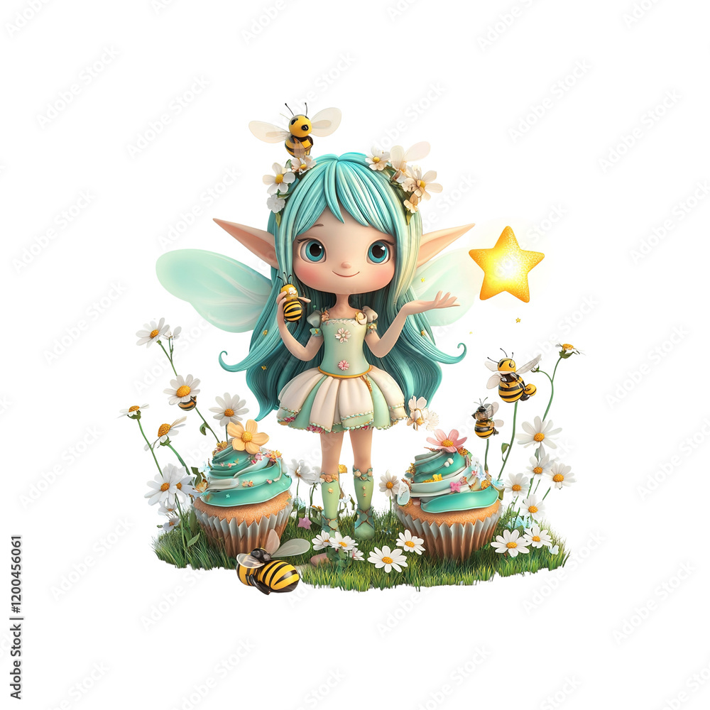 Fototapeta premium Adorable Fairy with Cupcakes and Bees in a Flower Garden