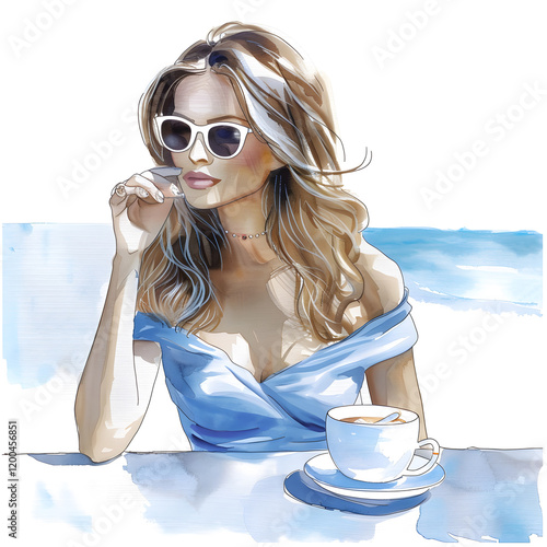 Watercolor Illustration of a Woman with Sunglasses and Coffee photo